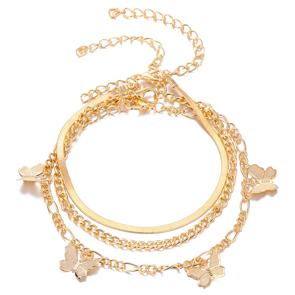 Vacation Multi-Layer Butterfly Pendant Rhinestone Pearl Alloy Anklet Set