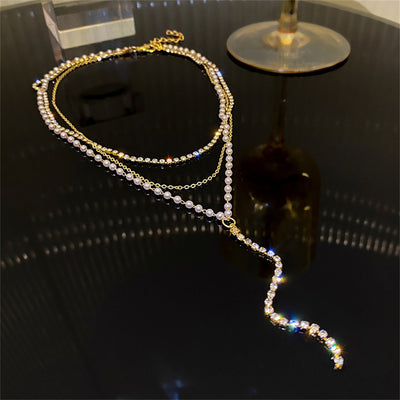 Elegant Layered Rhinestone and Pearl Y-Chain Necklace for Women