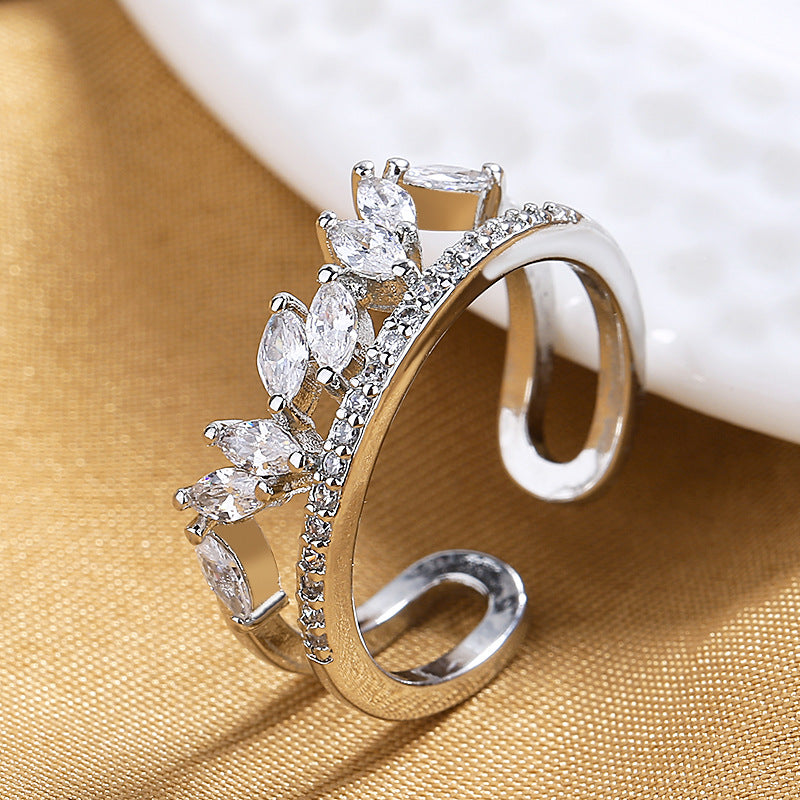 1 Piece Minimalist Horse Eye Zircon Crown Double Layer Open Ring