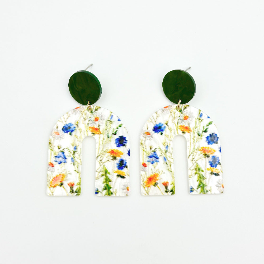 1 Pair Casual Vacation Bohemian U Shape Ditsy Floral Flower Printing Arylic Drop Earrings