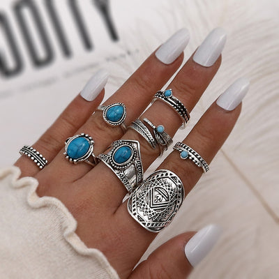 Vintage Bohemian Turquoise Leaf Totem Women's Ring Set - 8 Pieces