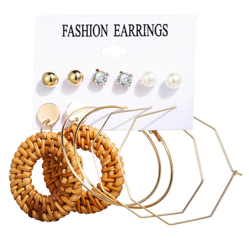 Retro C Shape Acetic Acid Pearl Earrings & Silver Gold Hoop Set for Women