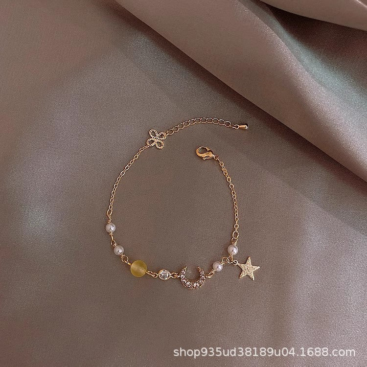 Elegant Star and Moon Zircon Pearl Women's Bracelet - Korean Fashion Design