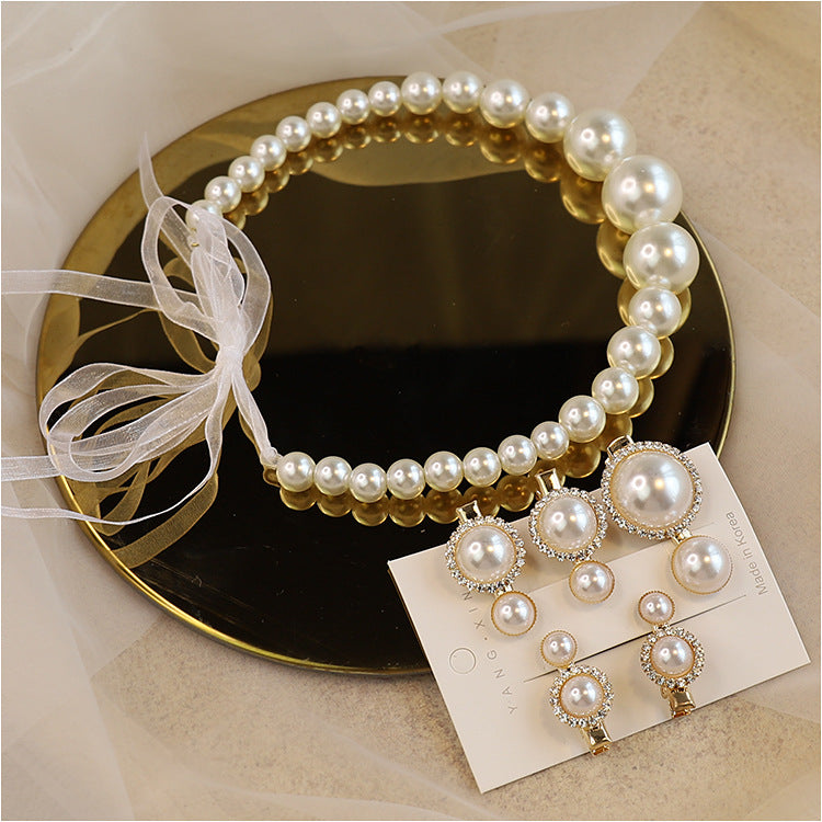 Elegant Pearl Beaded Hair Clip and Bridal Headband with Ribbon