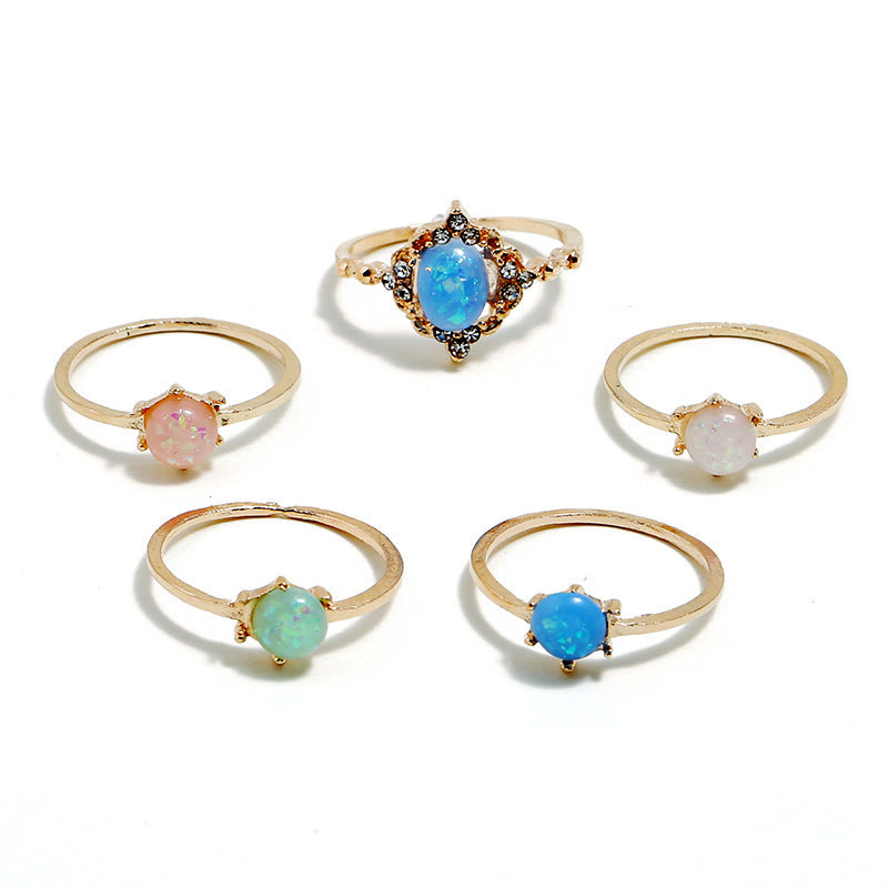 New Fashion Candy Color Amber-Inspired 5-Piece Ring Set