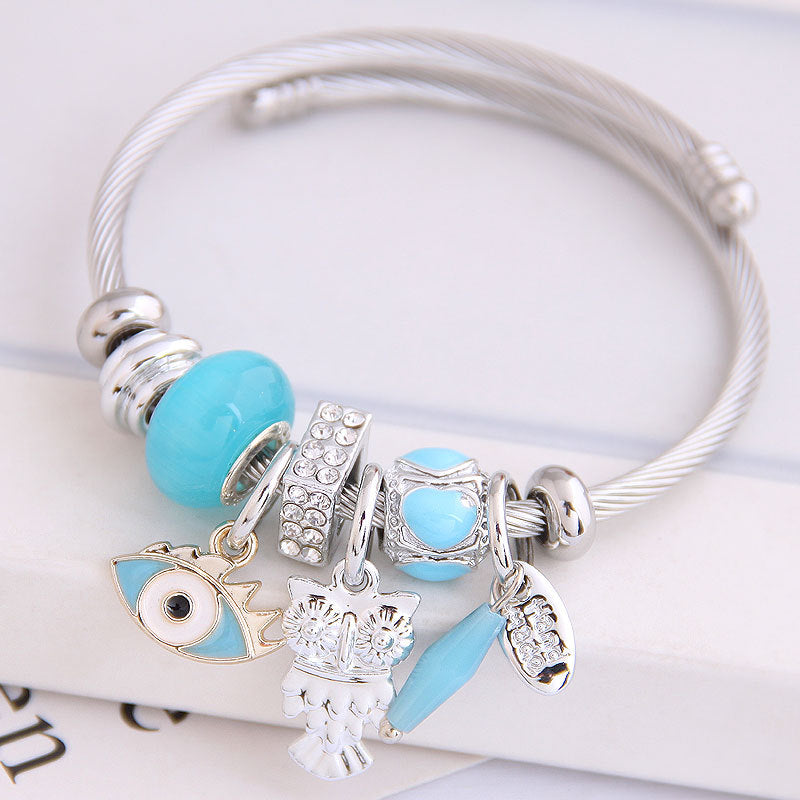 Fashion Metal Owl Eye Crystal Tassel Adjustable Bangle Bracelet