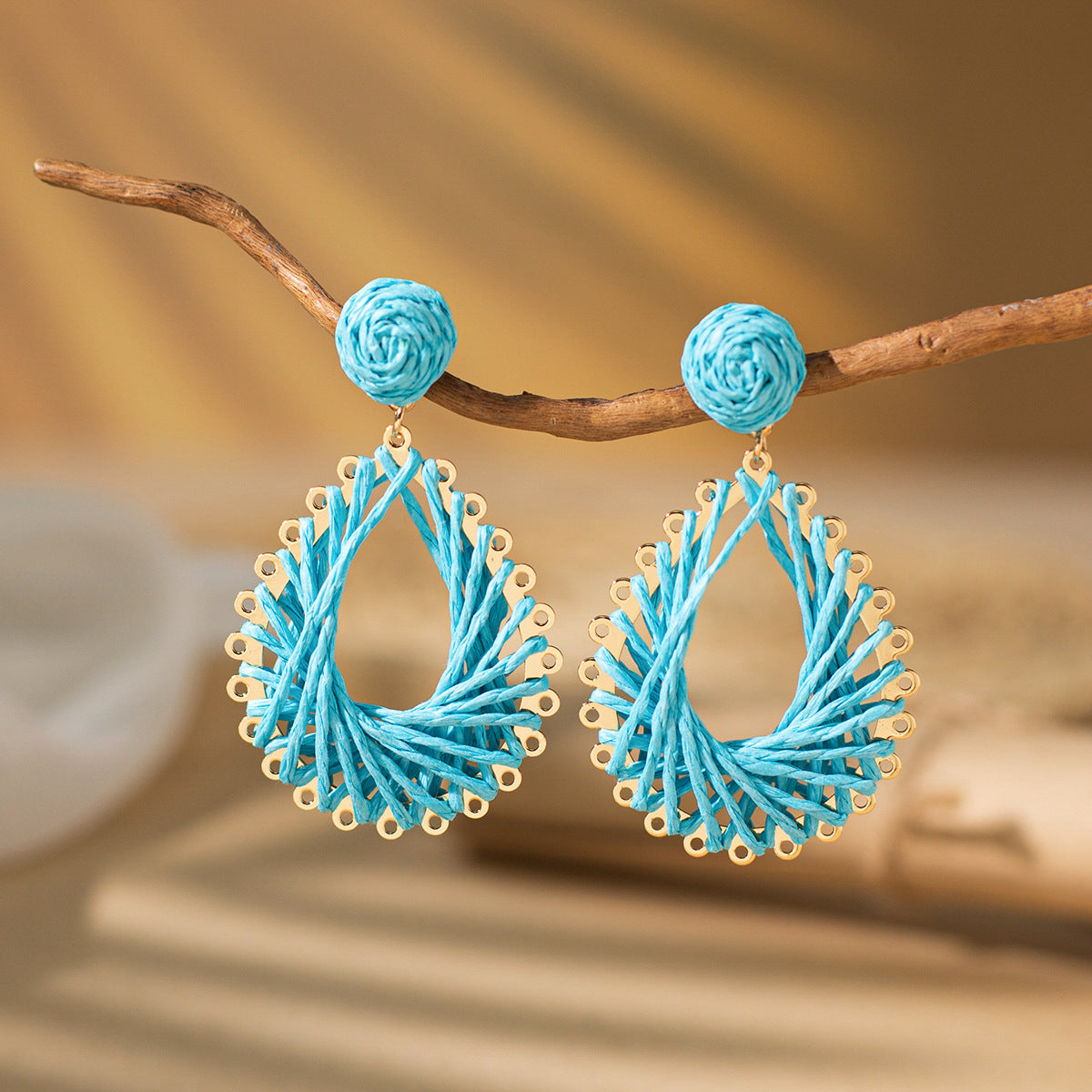 Bohemian Rattan Circle Braid Straw Drop Earrings for Vacation