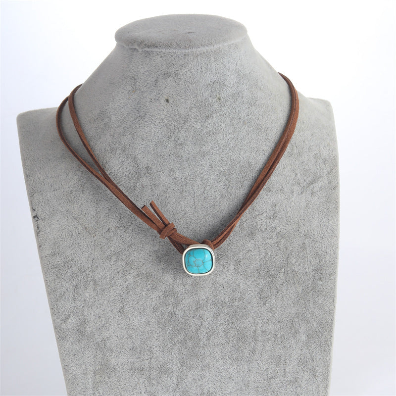 Retro Bohemian Turquoise Alloy Leather Layered Choker Necklace