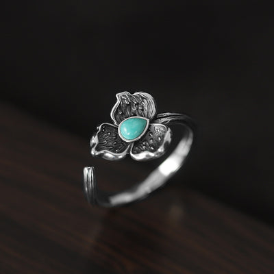 Retro Ginkgo Leaf Turquoise Sterling Silver Open Ring