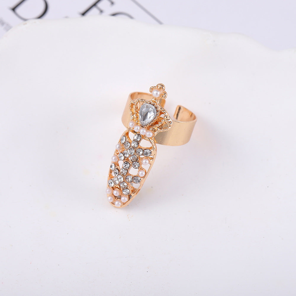 Fashion Alloy Diamond Bow Crown Manicure Joint Open Nail Ring