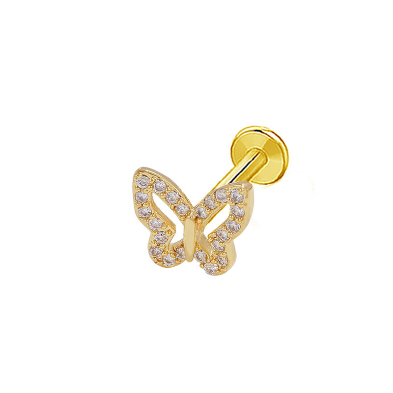 Butterfly Bow Knot Zircon Piercing Lip and Ear Studs - Stainless Steel & Gold Plated