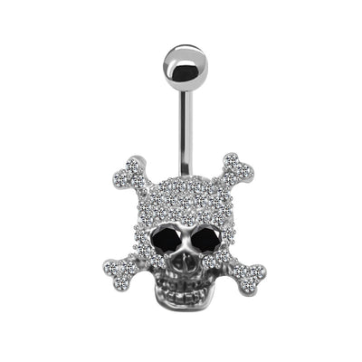 Cool Skull Stainless Steel Belly Ring with Rhinestones and Epoxy Inlay