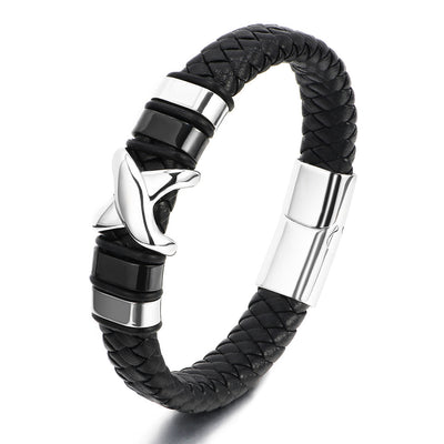 Casual Solid Color Stainless Steel Plated Men's Bangle with Vintage Letter X Leather Braided Bracelet