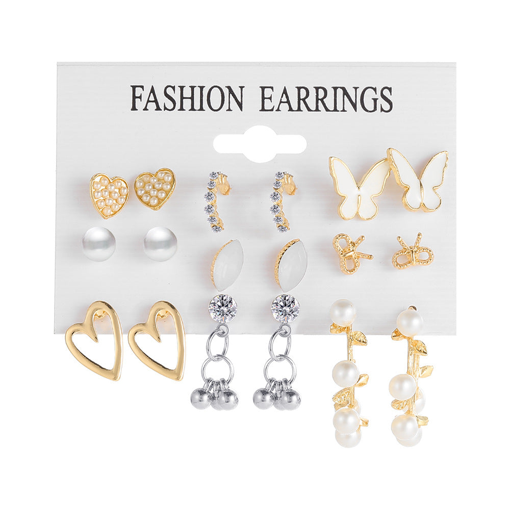 Elegant Geometric Butterfly and Leopard Print Pearl Earring Set - 6 Pairs