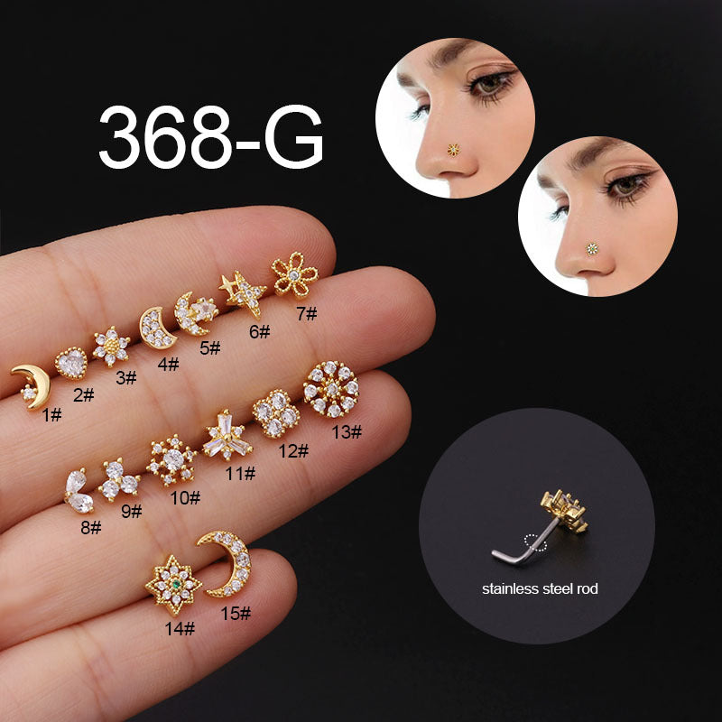 Moon Star Flower Shape Inlaid Zircon Stainless Steel Nose Ring