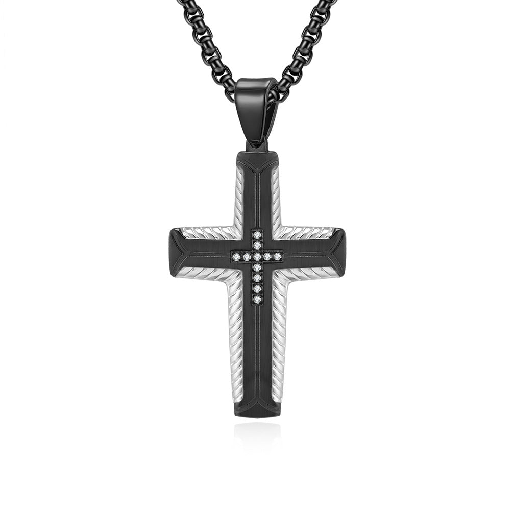 Hip-Hop Retro Cross Zircon Inlay Titanium Steel Men's Pendant Necklace with Tire Tread Design