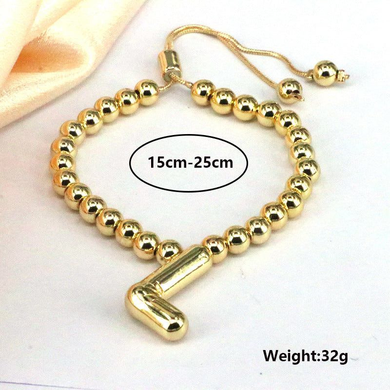 Copper Gold Plated Adjustable Initial Letter Beaded Bracelet for Women