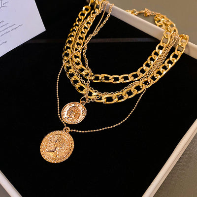 Exaggerated Geometric Alloy Coin Pendant Layered Necklace