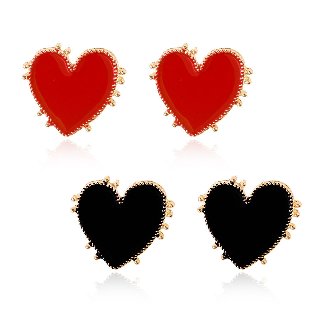 Heart Shape Alloy Enamel Earrings - Black and Red Drip Oil Design