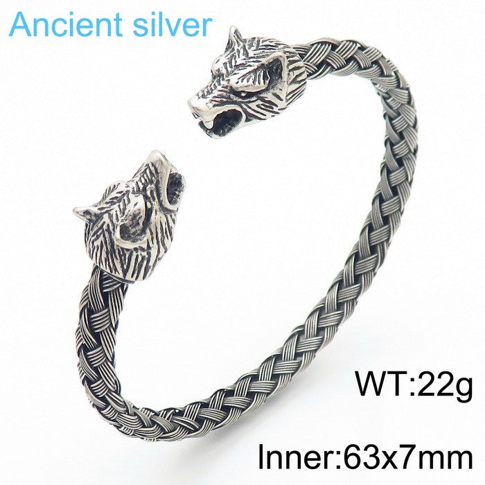 18K Gold Plated & Ancient Silver Wolf Head Men's Bangle Bracelet