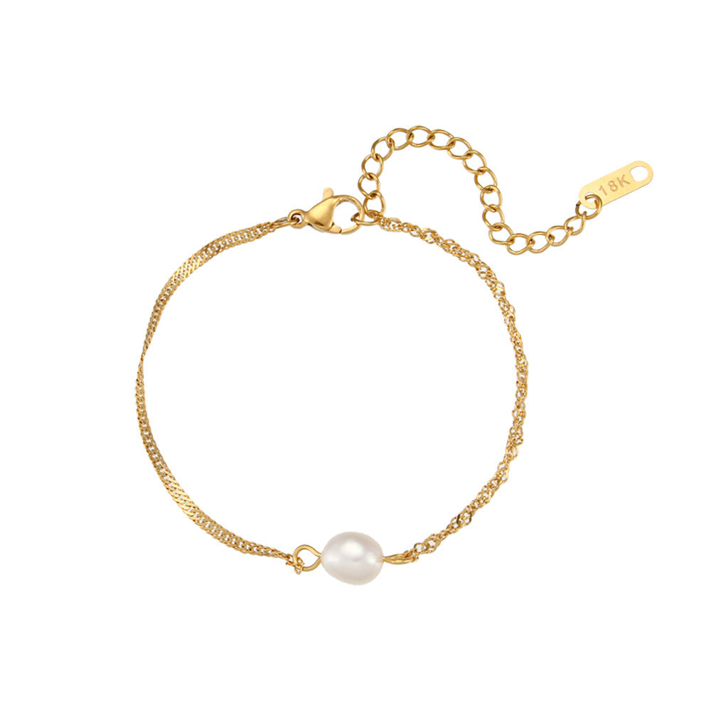 Elegant Geometric Gold Plated Stainless Steel Pearl Jewelry Set - Necklace and Bracelet