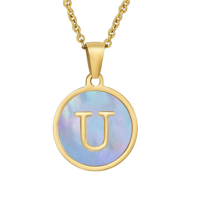 Titanium Steel Blue Shell Initial Pendant Necklace