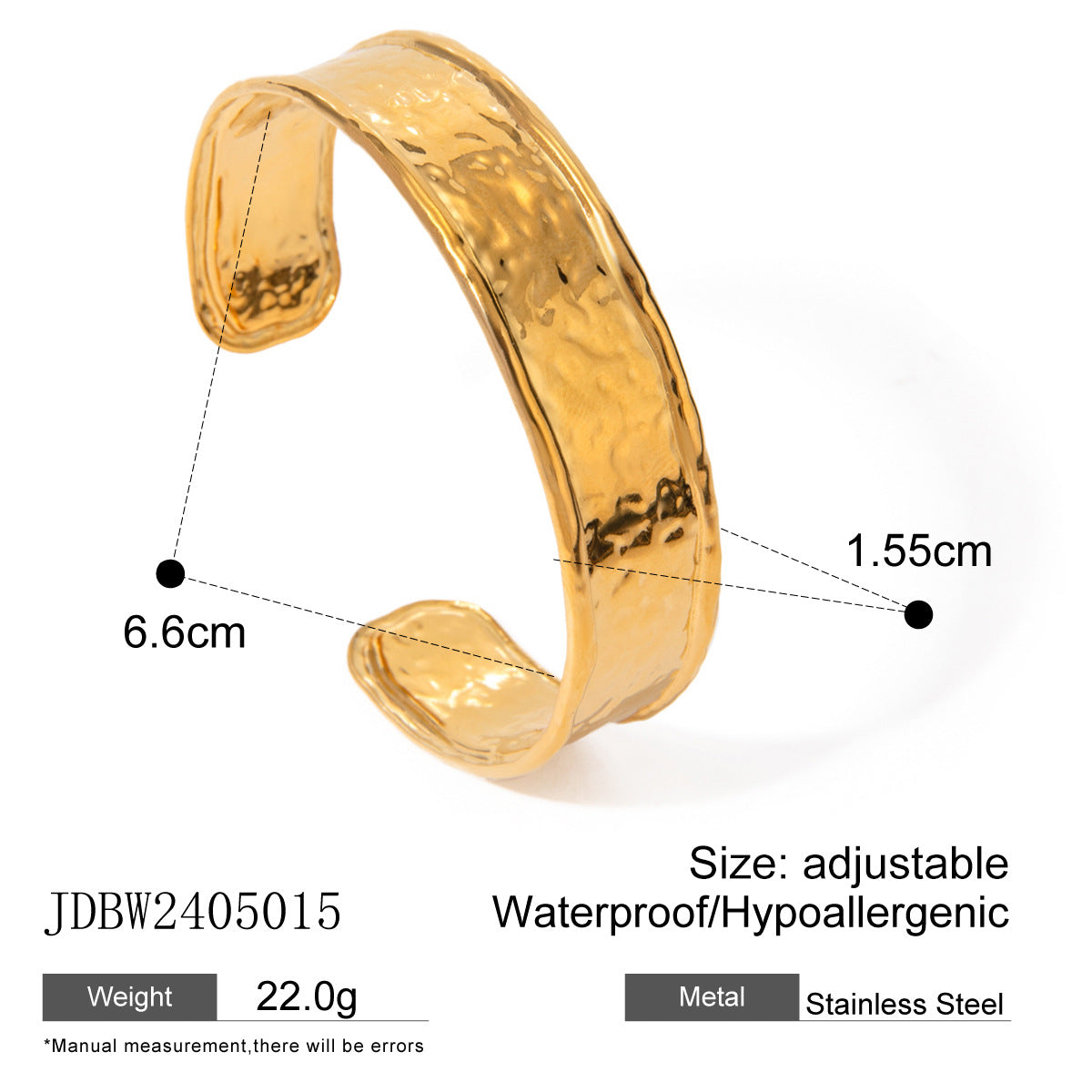 18K Gold Plated Stainless Steel Cuff Bracelet with Hammered Wavy Design