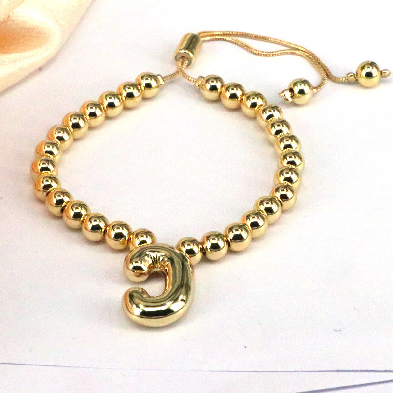 Copper Gold Plated Adjustable Initial Letter Beaded Bracelet for Women