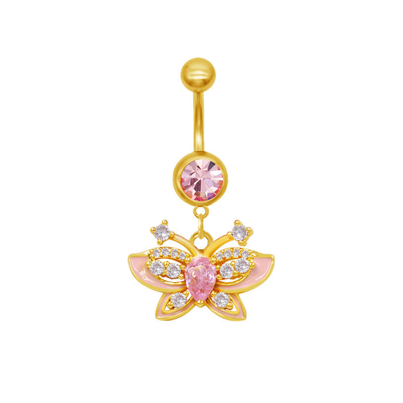 Elegant Sun & Moon Butterfly Belly Ring - 316 Stainless Steel with Rhinestones and Gold Plating