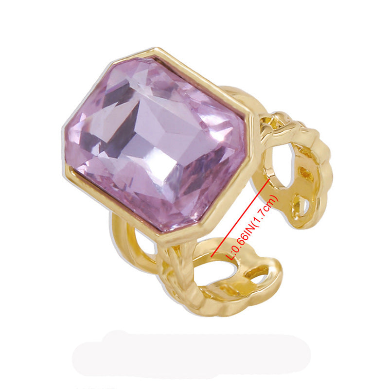 Simple Square Gemstone Adjustable Open Ring for Women