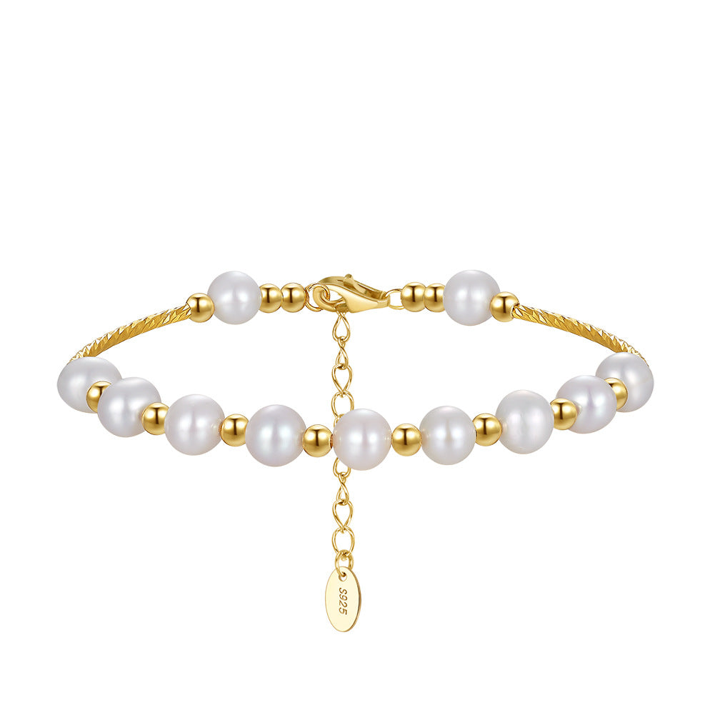 14K Gold Plated Freshwater Pearl Geometric Beaded Adjustable Sterling Silver Bracelet