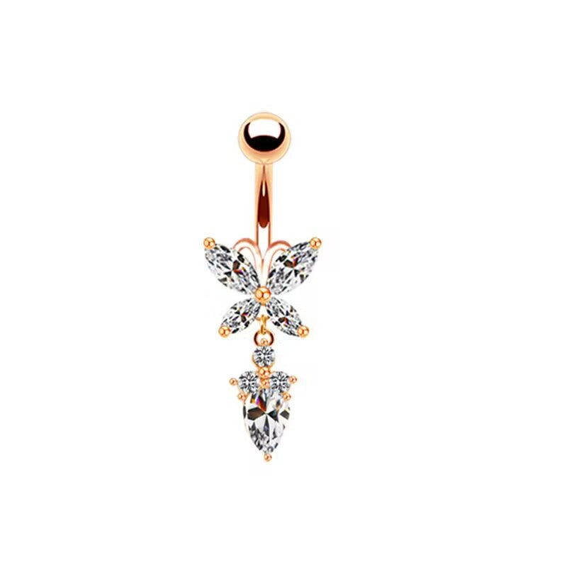 Rose Gold Plated Zircon Butterfly & Snowflake Belly Ring with Rhinestones