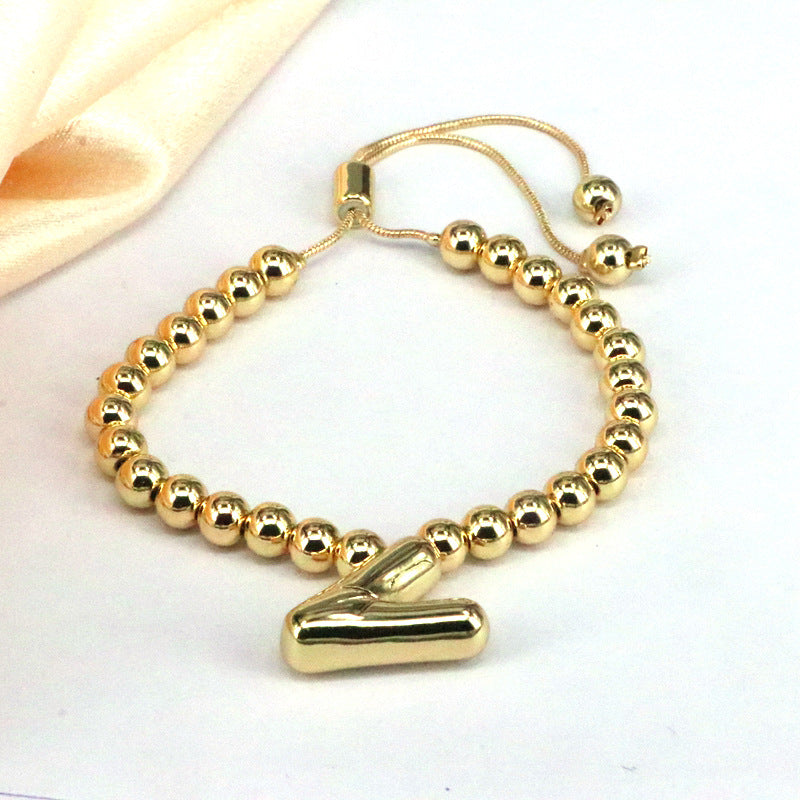 Copper Gold Plated Adjustable Initial Letter Beaded Bracelet for Women