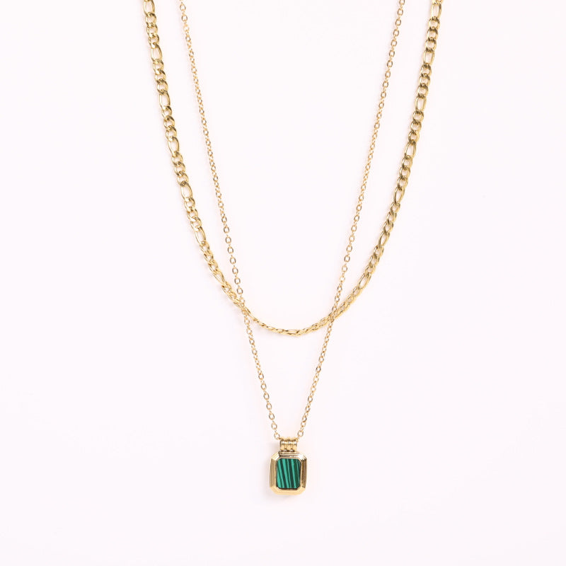 Simple Double Layered Chain Square Pearl Pendant Necklace