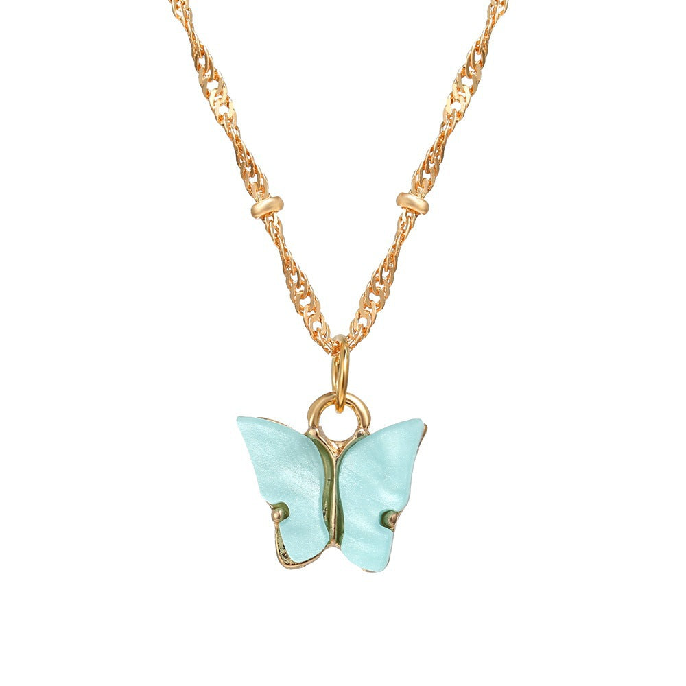 European Acrylic Butterfly Pendant Necklace with Creative Pearl Clavicle Chain