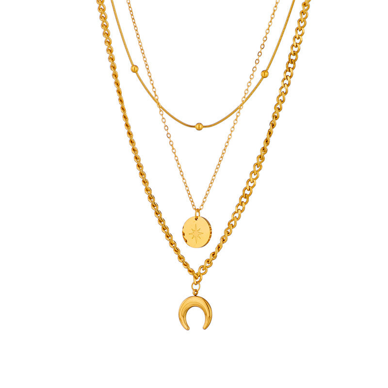 Vintage Style Star Moon Stainless Steel Layered Necklaces Gold Plated Stainless Steel Necklaces