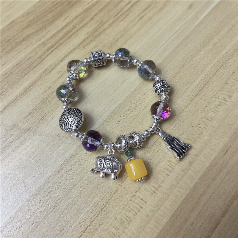 Colorful Crystal Beaded Elephant Charm Bracelet with Tassel and Vintage Silver Pendant