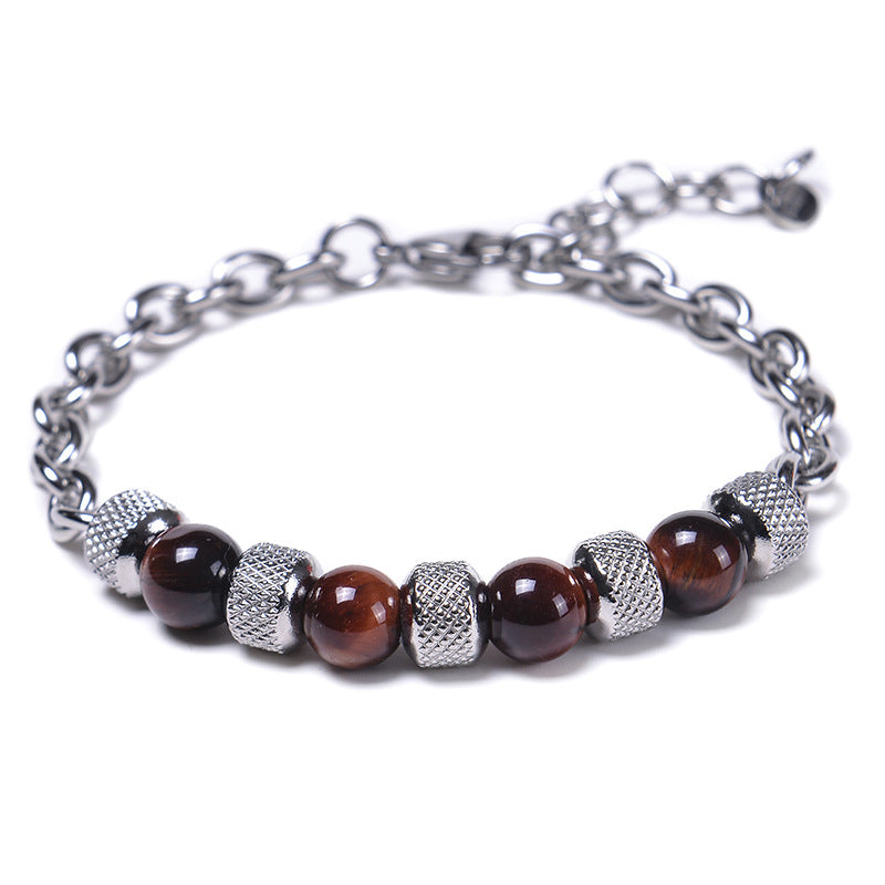 Geometric Alloy Men's Bracelet with Black Magnet & Tiger's Eye Beads
