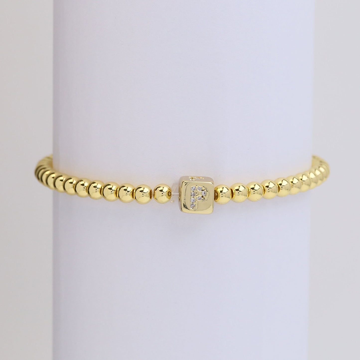 18k Gold Plated Copper Letter Zircon Beaded Stretch Bracelet