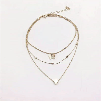 Modern Heart & Butterfly Layered Necklace - Geometric Alloy Design