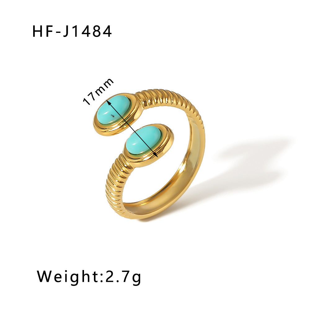 Basic Vintage Style Round Stainless Steel Plating Inlay Natural Stone 18K Gold Plated Open Rings