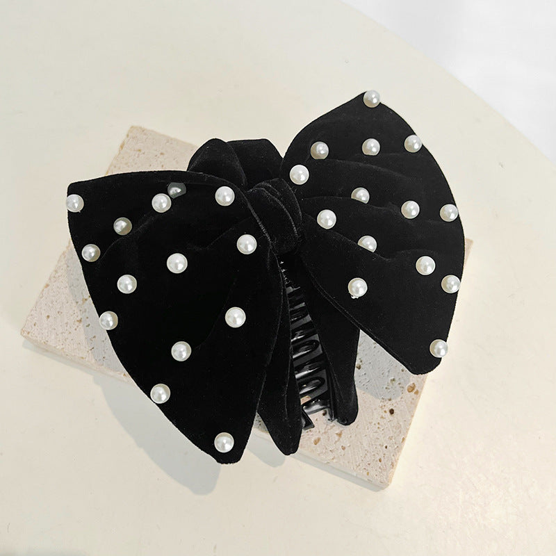 Retro Velvet Pearl Bowknot Hair Claw Clip for Women