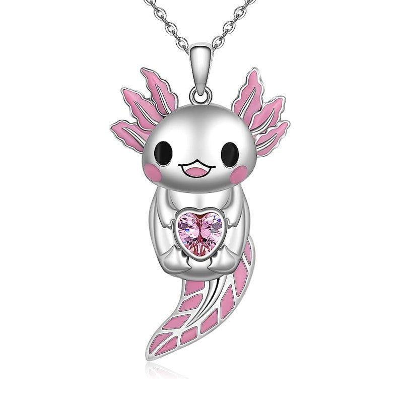 Cute Pink Axolotl Heart Pendant Necklace - Alloy Animal Jewelry Design