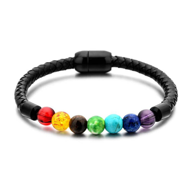 Fashion Multicolor Natural Stone Leather Bracelet with Stainless Steel Magnetic Clasp