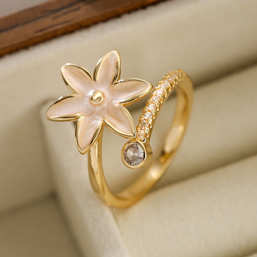 Simple Geometric Flower 18K Gold Plated Open Ring with Zircon