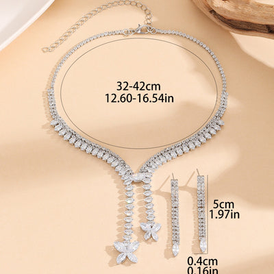 Copper Butterfly Zircon Tassel Necklace and Earring Set for Women