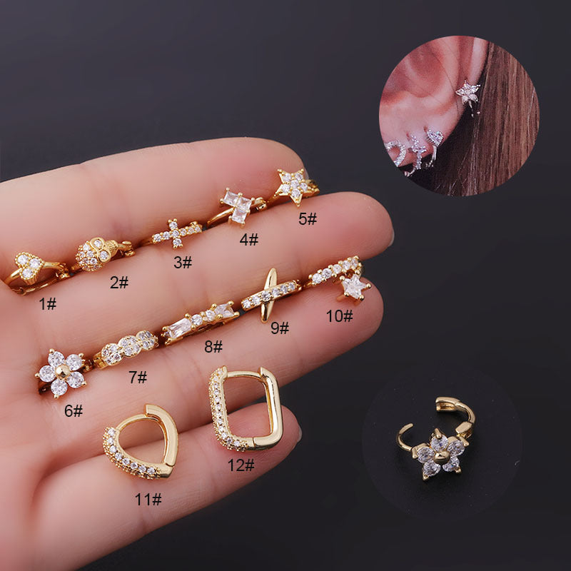 8MM Heart Flower Cross Copper Zircon Inlaid Ear Cuff