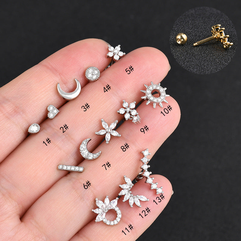 Streetwear Moon Heart Flower Zircon Inlay Stainless Steel Ear Studs