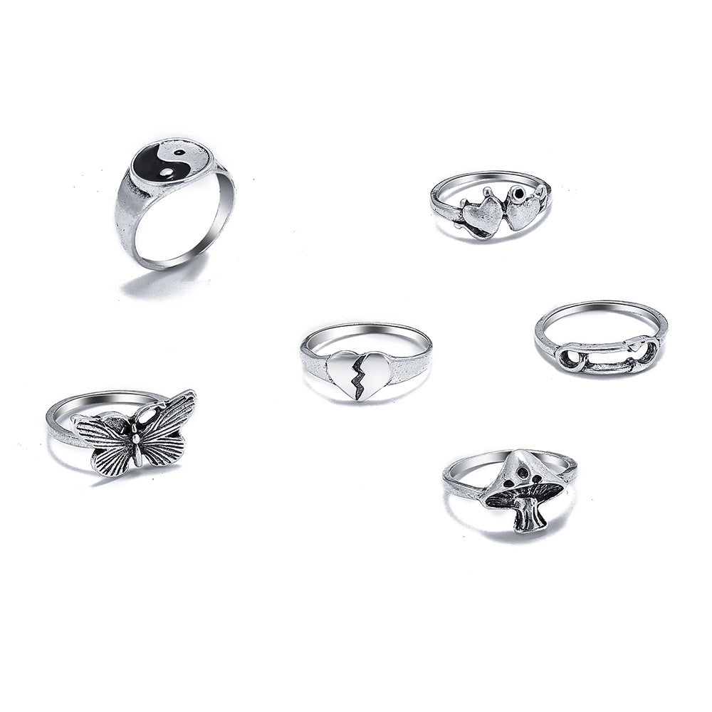 Vintage Alloy Mushroom & Heart Ring Set - 13 Pieces