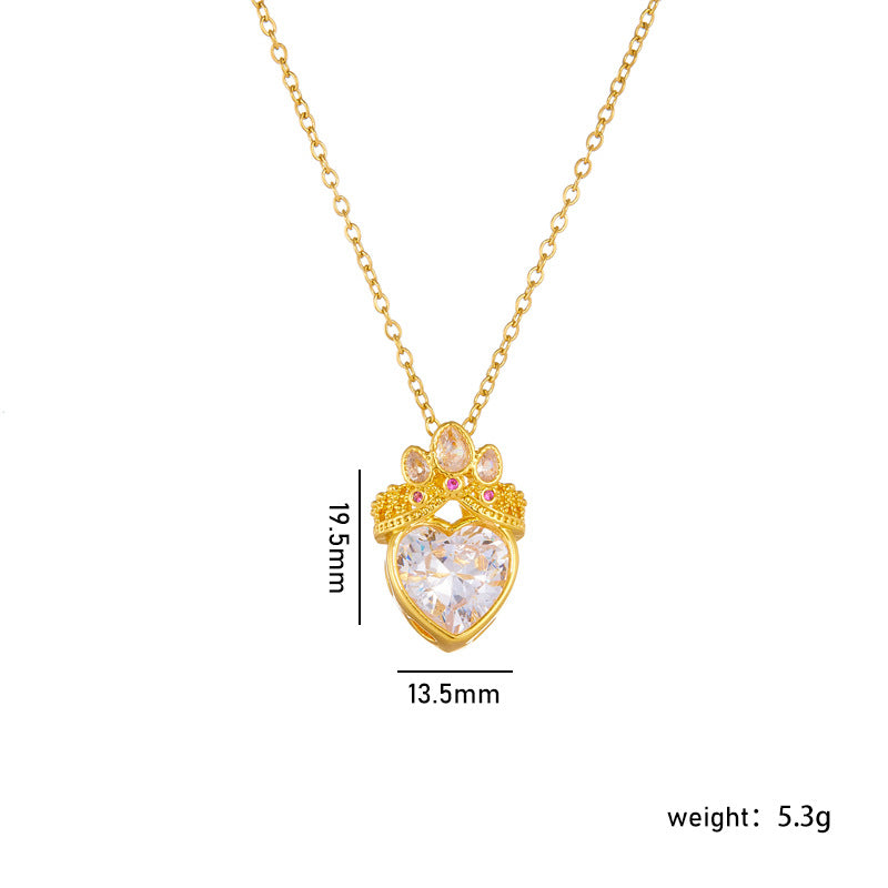 Gold Plated Heart Crown Pendant Necklace - Titanium Steel Pink Clavicle Chain